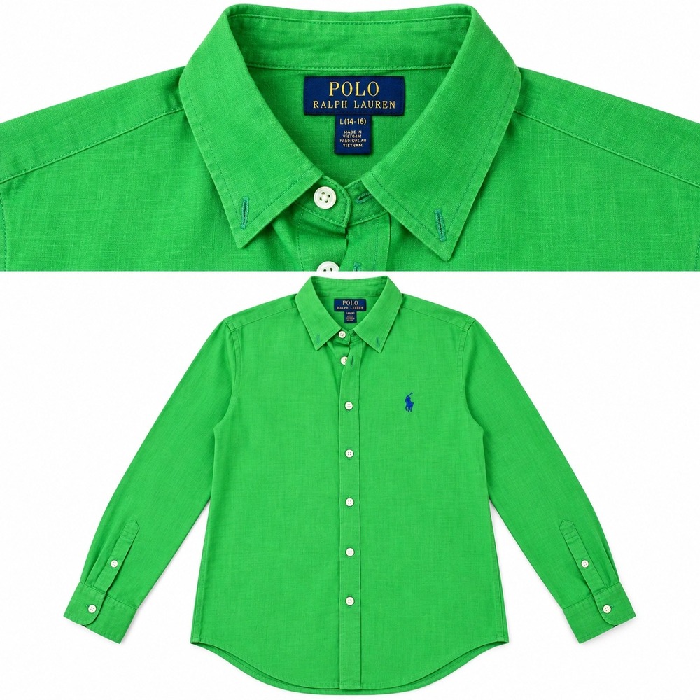 Polo Ralph Lauren Girls Green Linen Button Down Shirt Size L 14-16 Pony Logo